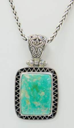 AF 925 Turquoise Cabochon Zig Zag Accented Rectangle Scrolled Bale Hinged Pendant Wheat Chain Necklace 34.1g alternative image