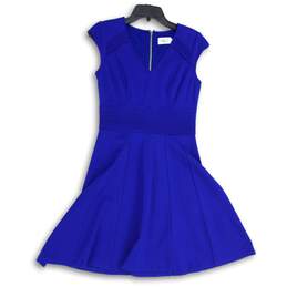 Eliza J Womens Blue V-Neck Cap Sleeve Back Zip Ponte Knit Fit & Flare Dress Sz 4