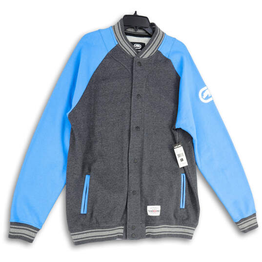 Mens Blue Gray Long Sleeve Band Collar Snap Front Varsity Jacket Size XL image number 1
