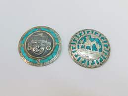 Vintage Taxco MVS & FP Signed 925 Turquoise Inlay Disc Pendant Brooches 38.7g