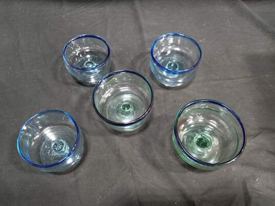 Bundle of 5 Mexican Blue Rimmed Blown Glass Compotes image number 2
