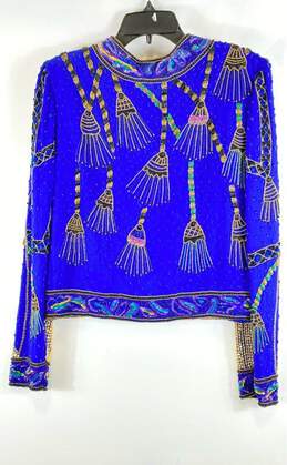 Laurence Kazar Womens Blue Long Sleeve Beaded Sequins Silk Basic Jacket Size M alternative image