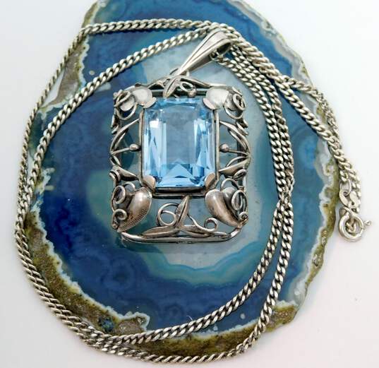 Vintage 833 Silver Faceted Topaz Etched Leaves & Vines Rectangle Pendant & 925 Curb Chain Necklace 17.2g image number 1