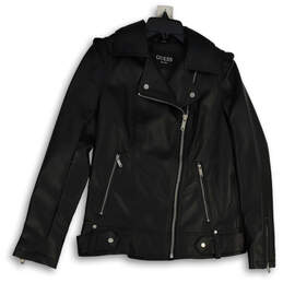 Womens Black Notch Lapel Asymmetrical Zip Long Sleeve Leather Jacket Size S