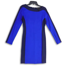 Womens Blue Round Neck Long Sleeve Back Zip Sheath Dress Size Medium