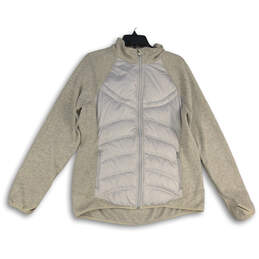 Womens Gray Mock Neck Thumbhole Long Sleeve Full Zip Puffer Jacket Size L