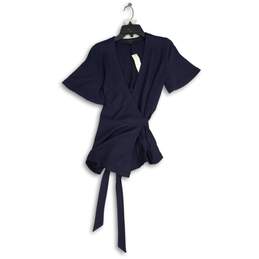 NWT Ann Taylor Womens Navy Blue Short Sleeve Tie Waist Wrap Blouse Top Medium