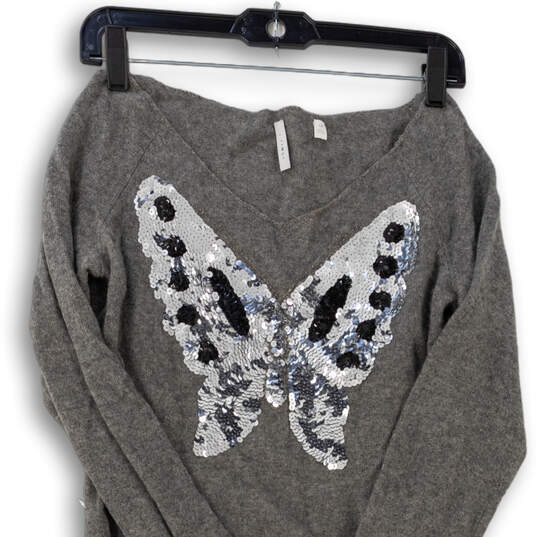 NWT Womens Grey Sequin Woven Long Sleeve V-Neck Pullover Sweater Size Large image number 3