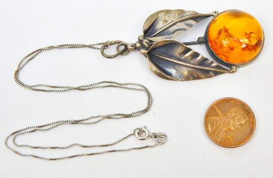 Artisan 925 Amber Cabochon Circle & Textured Leaves Pendant Chain Necklace image number 4