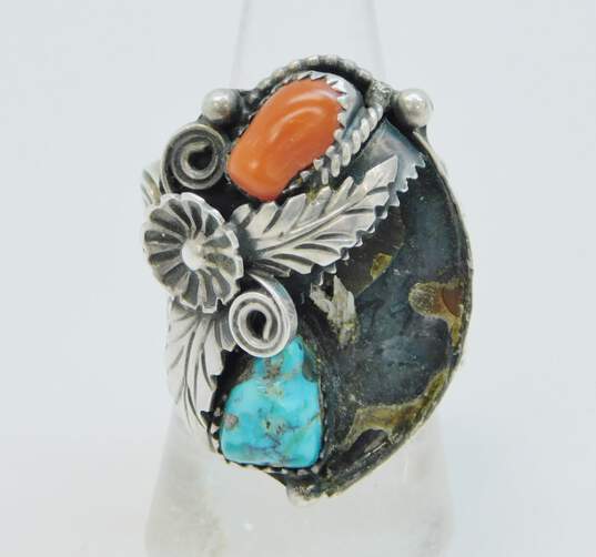 Artisan 925 Sterling Silver Coral & Turquoise Feather Scrolled Statement Ring For Repair 15.2g image number 1