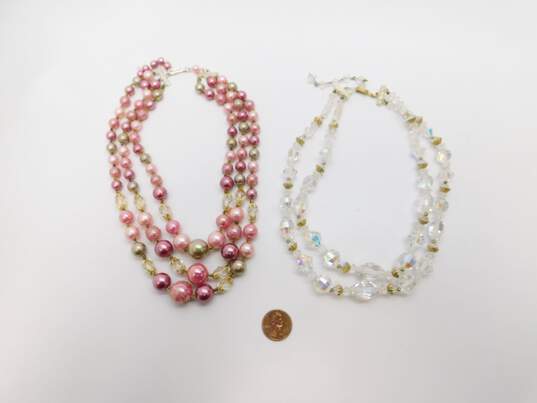 Vintage Pink & Icy Aurora Borealis Beaded Gold Tone Accent Multi Strand Necklaces 114.4g image number 5