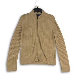 Mens Beige Knitted Ribbed Hem Long Sleeve Full-Zip Sweater Size Large