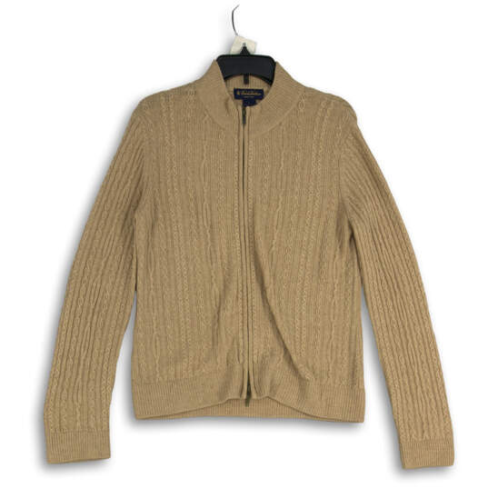 Mens Beige Knitted Ribbed Hem Long Sleeve Full-Zip Sweater Size Large image number 1