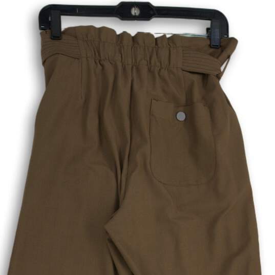 Womens Brown Pleated Waist Tie Zip Pocket Straight Leg Paperbag Pants Size 10 image number 4