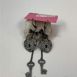 Designer Betsey Johnson Silver-Tone Heart Lock Bow Key Dangle Earrings