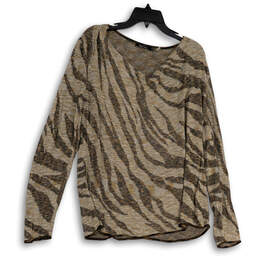 Womens Brown Animal Print Long Sleeve Knitted V-Neck Blouse Top Size XL