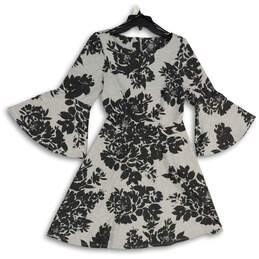 Womens Gray Black Floral Bell Sleeve Back Zip Fit And Flare Dress Size 6