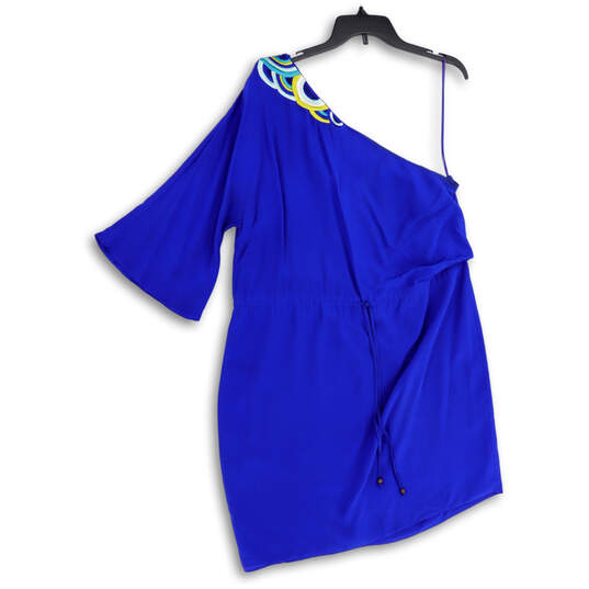 Womens Blue One Shoulder Embroidered Tie Waist Knee Length Sundress Size 12 image number 1