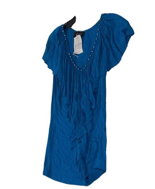 Womens Blue Flutter Short Sleeve V Neck Pullover Blouse Top Size Small image number 2