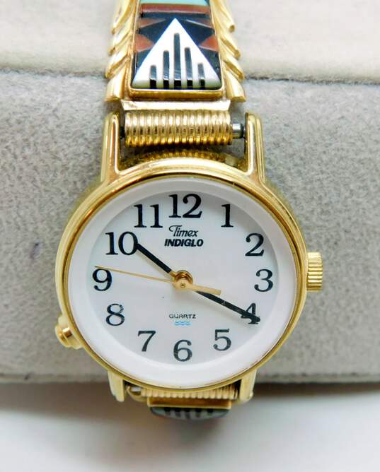 Tim Bedah Navajo 14K Yellow Gold Stone Inlay Watch Tips On Timex Quartz Watch 21.7g image number 3