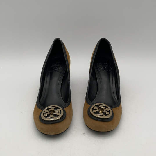 Womens Brown Black Leather Round Toe Slip-On Block Pump Heels Size 7 image number 1