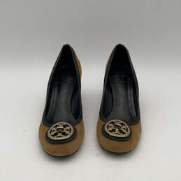 Womens Brown Black Leather Round Toe Slip-On Block Pump Heels Size 7