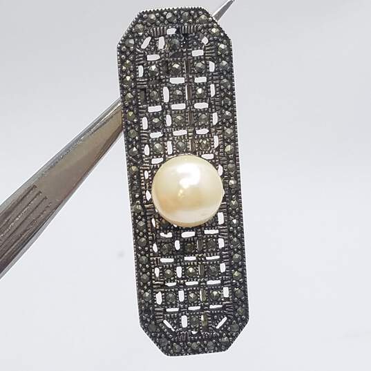 Sterling Silver Faux Pearl Marcasite 2 1/4" Bar Brooch 18.0g image number 2