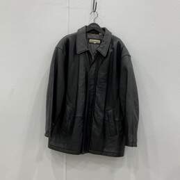 Perry Ellis Mens Black Leather Long Sleeve Collared Full Zip Jacket Size XXL