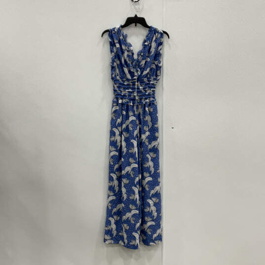 NWT Womens Blue White Printed Shirred Waist Ruffle One-Piece Jumpsuit Sz S image number 1