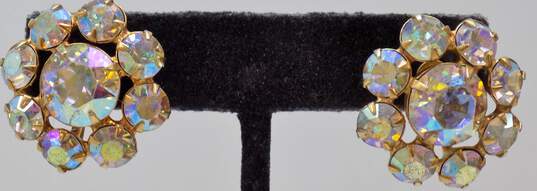 Vintage Icy Rhinestone & Aurora Borealis Rhinestone Gold Tone Necklace Bracelet & Clip On Earrings 42.2g image number 6