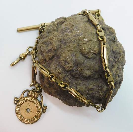Antique Gold Filled Watch Chain With Rhinestone Accented Fob image number 1