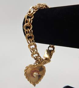 Vintage 14K Yellow Gold Ruby & Faux Pearl Heart Charm Bracelet 40.8g