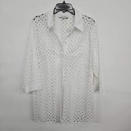 White Button Up Collared 3/4th Sleeve Blouse With Embroidery