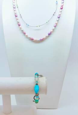 Colorful 925 Sterling Silver Pearl & Beaded Necklaces & Faux Turquoise & Turtle Charm Bracelet 48.1g