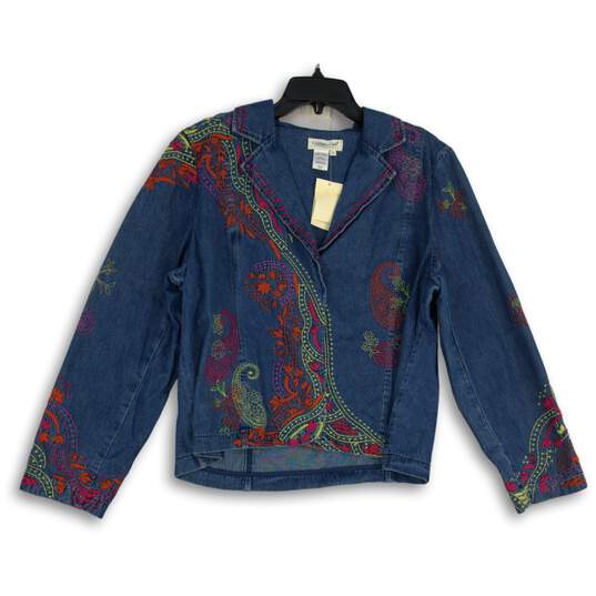 NWT Coldwater Creek Womens Multicolor Embroidered Long Sleeve Denim Jacket Sz L image number 1