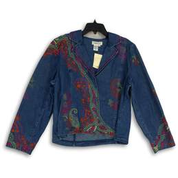 NWT Coldwater Creek Womens Multicolor Embroidered Long Sleeve Denim Jacket Sz L