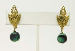 VNTG Miriam Haskell Green Bead & Filigree Clip Earrings