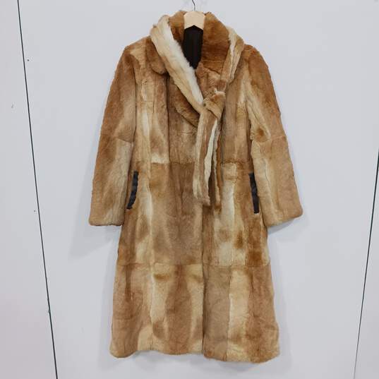 Unbranded Brown And Cream Long Tie/Belted Trench Fur Coat image number 1