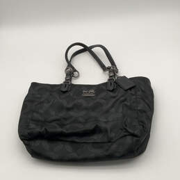 Womens Black Monogram Print Leather Chain Double Handle Strap Tote Bag