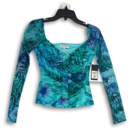 NWT Womens Blue Leaf Print Long Sleeve Backless Blouse Top Size XS