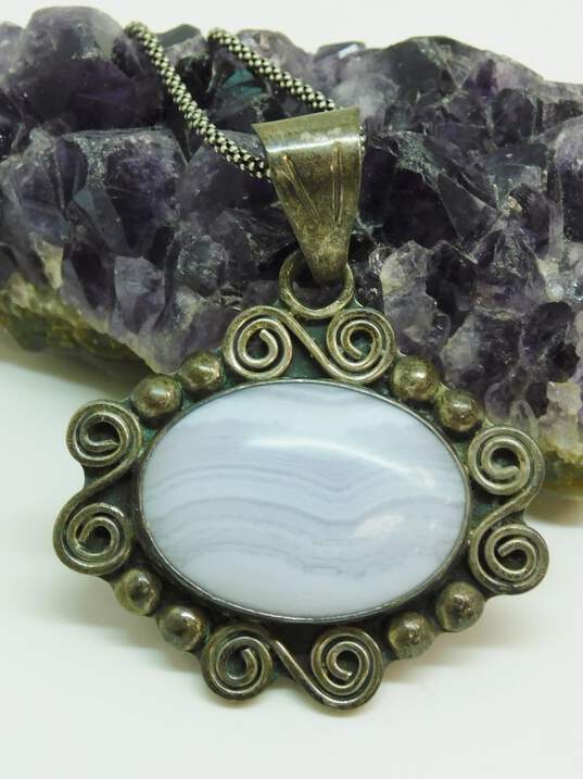 Artisan 925 Blue Lace Agate Pendant Necklace & Angel Earrings 24.9g image number 6