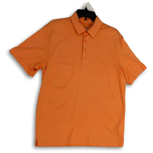 Mens Orange Short Sleeve Side Slit Collared Button Front Polo Shirt Size L image number 1