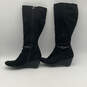 Womens Black Suede Tall Knee Buckle Strap High Wedge Heel Bootie Boots Sz 7 image number 1