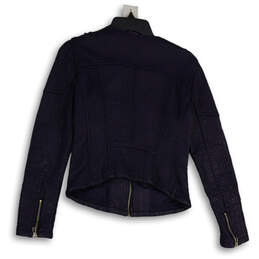 NWT Womens Navy Blue Leather Long Sleeve Full-Zip Biker Jacket Size XS alternative image