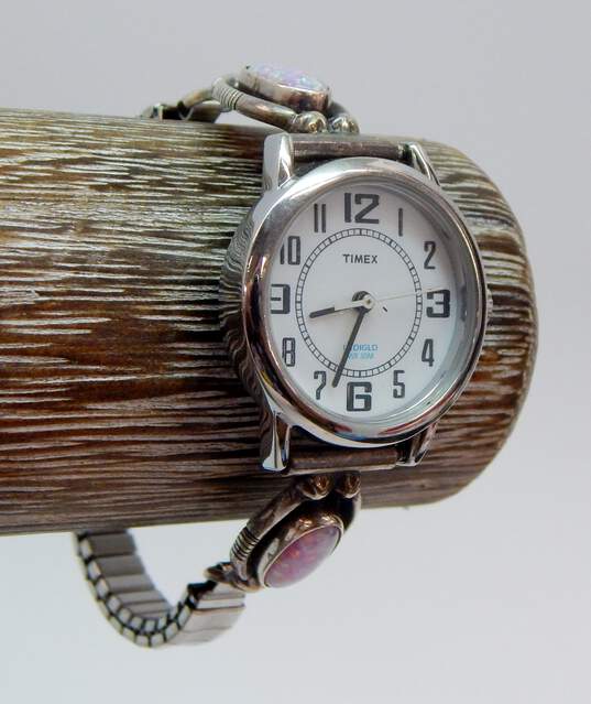 Richard Begay Navajo 925 Sterling Silver Pink Opal Watch Tips on Timex Watch 25.1g image number 3