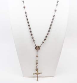 Vintage HFB 925 Ridged & Hammered Beaded Crucifix Cross Rosary Necklace 22.2g