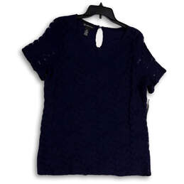 Womens Blue Floral Lace Overlay Round Neck Short Sleeve Blouse Top Size 0X