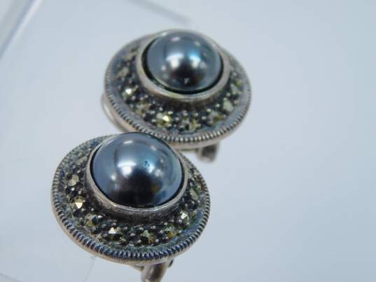 Judith Jack 925 Sterling Silver Marcasite & Pearl Omega Clip Earrings image number 2