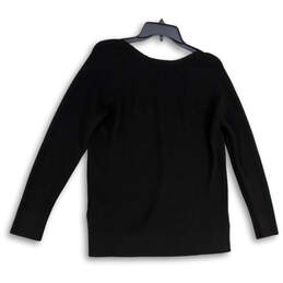Womens Black Tight Knit Long Sleeve V-Neck Side Slit Pullover Sweater Sz M alternative image