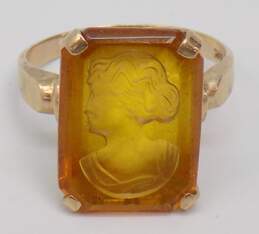 Vintage 10K Gold Yellow Glass Intaglio Cameo Woman Ring 4.6g